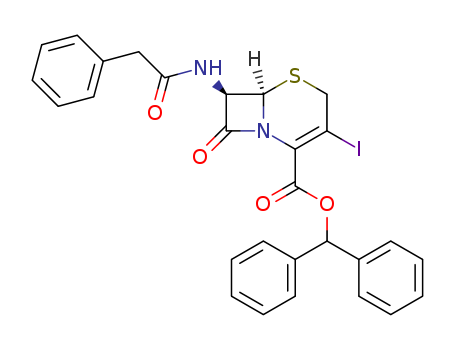 Molecular Structure of 123054-35-3 (5-Thia-1-azabicyclo[4.2.0]oct-2-ene-2-carboxylic acid,
3-iodo-8-oxo-7-[(phenylacetyl)amino]-, diphenylmethyl ester, (6R,7R)-)