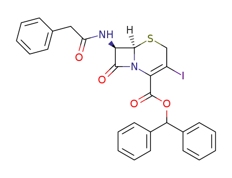 Molecular Structure of 123054-35-3 (5-Thia-1-azabicyclo[4.2.0]oct-2-ene-2-carboxylic acid,
3-iodo-8-oxo-7-[(phenylacetyl)amino]-, diphenylmethyl ester, (6R,7R)-)