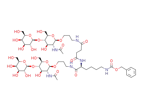 Molecular Structure of 797761-57-0 (N-{3-[2-acetamido-2-deoxy-4-O-(β-D-galactopyranosyl)-β-D-glucopyranosyloxyl]propyl}-N<sup>α</sup>-{8-[2-acetamido-2-deoxy-4-O-(β-D-galactopyranosyl)-β-D-glucopyranosyloxyl]-5-aza-1,4-dioxooctyl}-N<sup>ε</sup>-(benzyloxycarbonyl)-L-lysinamide)