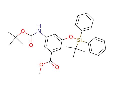 Molecular Structure of 875439-69-3 (3-tert-butoxycarbonylamino-5-(tert-butyl-diphenylsilanyloxy)-benzoic acid methyl ester)