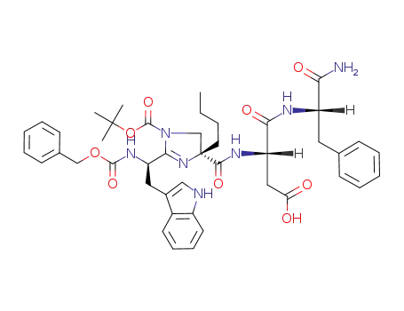 Molecular Structure of 160637-58-1 (<<4(5)R>-2-<1(R)-1-benzyloxycarbonylamino-2-(3-indolyl)ethyl>-4(5)-butyl-1(3)-tert-butyloxycarbonyl-4,5-dihydroimidazol-4(5)-oyl>-(S)-aspartyl-(S)-phenylalanine amide)