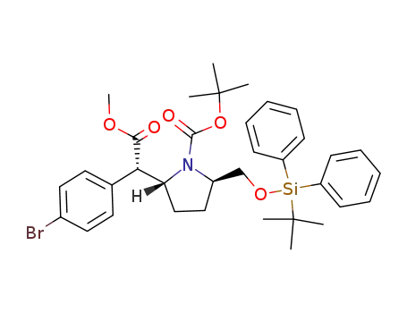 Molecular Structure of 347189-05-3 ((2R,5R)-1-(tert-butoxycarbonyl)-5-[(S)-methoxycarbonyl(4-bromophenyl)methyl]-2-[tert-butyldiphenylsilyloxymethyl]pyrrolidine)
