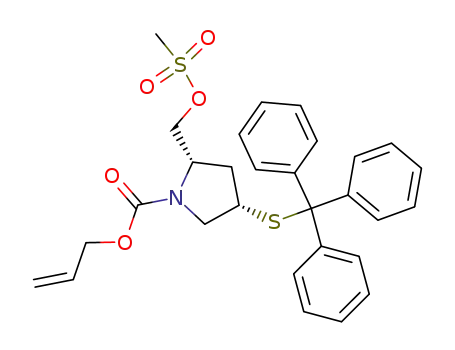 Molecular Structure of 137934-48-6 ((2S,4S)-2-mesyloxymethyl-4-tritylthio-1-(allyloxycarbonyl)pyrrolidine)