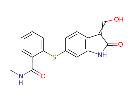 Molecular Structure of 919103-48-3 (Benzamide,
2-[[2,3-dihydro-3-(hydroxymethylene)-2-oxo-1H-indol-6-yl]thio]-N-methyl
-)
