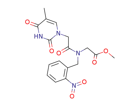 Molecular Structure of 345201-60-7 (Glycine,
N-[(3,4-dihydro-5-methyl-2,4-dioxo-1(2H)-pyrimidinyl)acetyl]-N-[(2-nitro
phenyl)methyl]-, methyl ester)