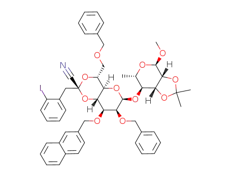 methyl 2,7-di-O-benzyl-4,6-O-{1-cyano-2-(2-iodophenyl)ethylidene}-3-O-(2-naphthalenylmethyl)-D-glycero-β-D-manno-heptopyranosyl-(1->4)-2,3-O-isopropylidene-α-L-rhamnopyranoside