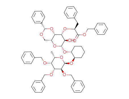 (S)-2-{(2S,4aR,6R,7R,8R,8aS)-7-Hydroxy-2-phenyl-6-[(1R,2R)-2-((2S,3S,4R,5R,6S)-3,4,5-tris-benzyloxy-6-methyl-tetrahydro-pyran-2-yloxy)-cyclohexyloxy]-hexahydro-pyrano[3,2-d][1,3]dioxin-8-yloxy}-3-phenyl-propionic acid benzyl ester