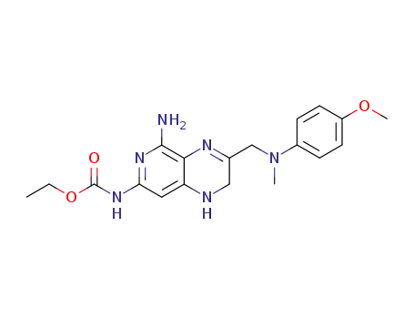Molecular Structure of 82585-90-8 ((5-Amino-1,2-dihydro-3-(((4-methoxyphenyl)methylamino)methyl)pyrido (- 3,4-b)pyrazin-7-yl)-, carbamic acid, ethyl ester)