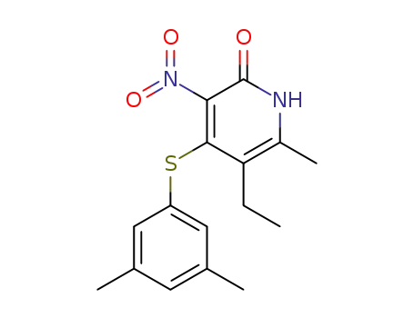 Molecular Structure of 172469-78-2 (4-[(3,5-dimethylphenyl)sulfanyl]-5-ethyl-6-methyl-3-nitropyridin-2(1H)-one)