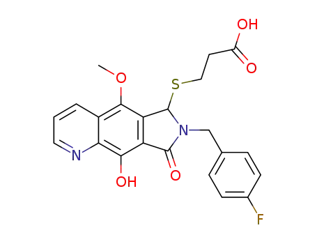 Molecular Structure of 684284-49-9 (3-[7-(4-fluoro-benzyl)-9-hydroxy-5-methoxy-8-oxo-7,8-dihydro-6H-pyrrolo[3,4-g]quinolin-6-ylsulfanyl]-propionic acid)