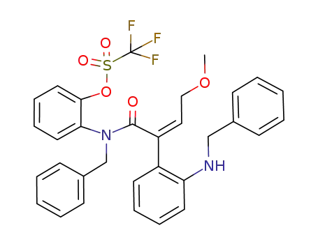 Molecular Structure of 555153-77-0 (trifluoromethanesulfonic acid 2-{benzyl-[2-(2-benzylaminophenyl)-4-methoxybut-2-enoyl]amino}phenyl ester)