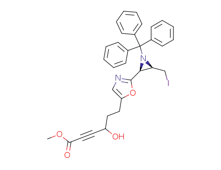 Molecular Structure of 647028-90-8 (2-Hexynoic acid,
4-hydroxy-6-[2-[(2S,3R)-3-(iodomethyl)-1-(triphenylmethyl)-2-aziridinyl]-
5-oxazolyl]-, methyl ester)