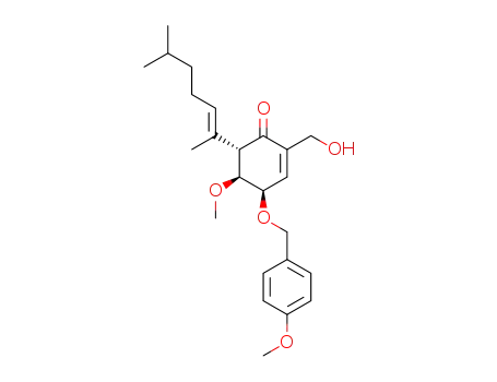 Molecular Structure of 527755-49-3 (2-Cyclohexen-1-one,
6-[(1E)-1,5-dimethyl-1-hexenyl]-2-(hydroxymethyl)-5-methoxy-4-[(4-meth
oxyphenyl)methoxy]-, (4R,5S,6S)-)