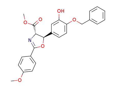 Molecular Structure of 556104-39-3 (4-Oxazolecarboxylic acid,
4,5-dihydro-5-[3-hydroxy-4-(phenylmethoxy)phenyl]-2-(4-methoxyphenyl)
-, methyl ester, (4S,5R)-)