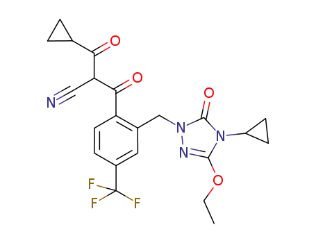 Molecular Structure of 304904-85-6 (3-cyclopropyl-2-{2-[4-(cyclopropyl-3-ethoxy-5-oxo-4,5-dihydro-1H-1,2,4-triazol-1-yl)-methyl]4-trifluoromethyl-benzoyl}-3-oxo-propanenitrile)