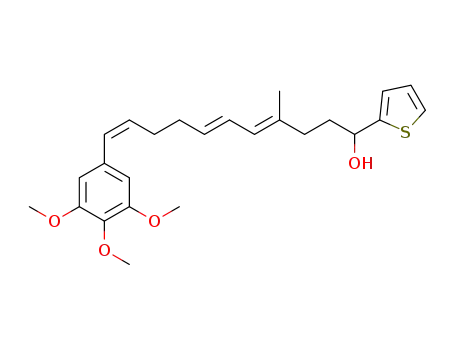Molecular Structure of 308816-06-0 (2-Thiophenemethanol,
a-[(3E,5E,9Z)-3-methyl-10-(3,4,5-trimethoxyphenyl)-3,5,9-decatrienyl]-)