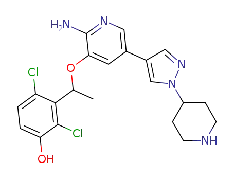 Molecular Structure of 877401-86-0 (Phenol,
3-[1-[[2-amino-5-[1-(4-piperidinyl)-1H-pyrazol-4-yl]-3-pyridinyl]oxy]ethyl]-
2,4-dichloro-)