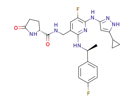 Molecular Structure of 905586-73-4 ((R)-N-((6-(5-cyclopropyl-1H-pyrazol-3-ylamino)-5-fluoro-2-((S)-1-(4-fluorophenyl)ethylamino)pyridin-3-yl)methyl)-5-oxo-pyrrolidine-2-carboxamide)