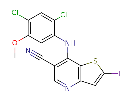 Molecular Structure of 700844-36-6 (Thieno[3,2-b]pyridine-6-carbonitrile,
7-[(2,4-dichloro-5-methoxyphenyl)amino]-2-iodo-)