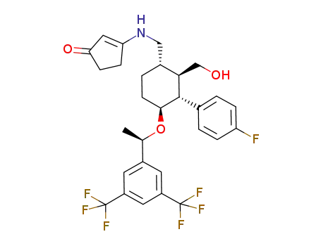 Molecular Structure of 918417-26-2 (2-Cyclopenten-1-one,
3-[[[(1S,2R,3R,4S)-4-[(1R)-1-[3,5-bis(trifluoromethyl)phenyl]ethoxy]-3-(4
-fluorophenyl)-2-(hydroxymethyl)cyclohexyl]methyl]amino]-)