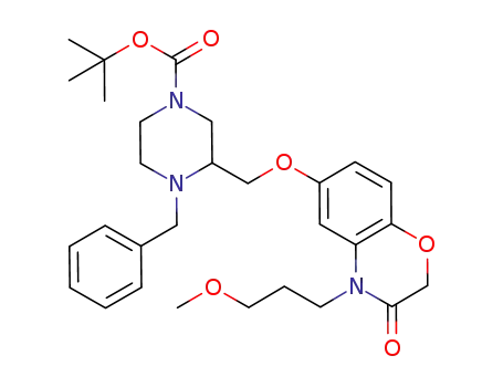 Molecular Structure of 850834-13-8 (1-Piperazinecarboxylic acid,
3-[[[3,4-dihydro-4-(3-methoxypropyl)-3-oxo-2H-1,4-benzoxazin-6-yl]oxy]
methyl]-4-(phenylmethyl)-, 1,1-dimethylethyl ester)