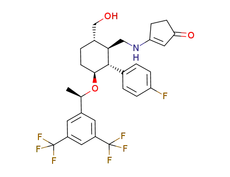 Molecular Structure of 918417-19-3 (2-Cyclopenten-1-one,
3-[[[(1R,2R,3S,6S)-3-[(1R)-1-[3,5-bis(trifluoromethyl)phenyl]ethoxy]-2-(4
-fluorophenyl)-6-(hydroxymethyl)cyclohexyl]methyl]amino]-)