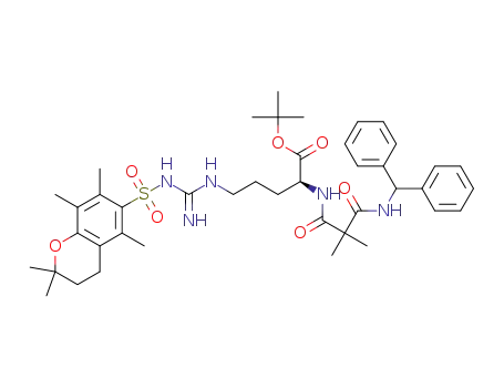 Molecular Structure of 1037087-90-3 (tert-butyl (2S)-2-({3-[(diphenylmethyl)amino]-2,2-dimethyl-3-oxopropanoyl}amino)-5-{[(2,2,5,7,8-pentamethyl-3,4-dihydro-2H-chromen-6-yl)sulfonyl]carbamimidamido}pentanoate)