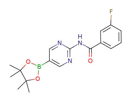 Molecular Structure of 1094070-75-3 (3-fluoro-N-[5-(4,4,5,5-tetramethyl-1,3,2-dioxaborolan-2-yl)-2-pyrimidinyl]benzamide)