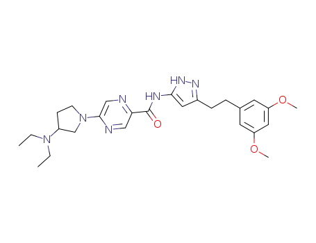 Molecular Structure of 1035270-43-9 (5-(3-diethylaminopyrrolidin-1-yl)-N-[5-[2-(3,5-dimethoxyphenyl)ethyl]-2H-pyrazol-3-yl]pyrazine-2-carboxamide)