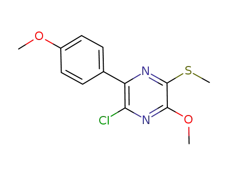 Molecular Structure of 1015075-15-6 (2-chloro-6-methoxy-3-(4-methoxyphenyl)-5-(methylthio)pyrazine)
