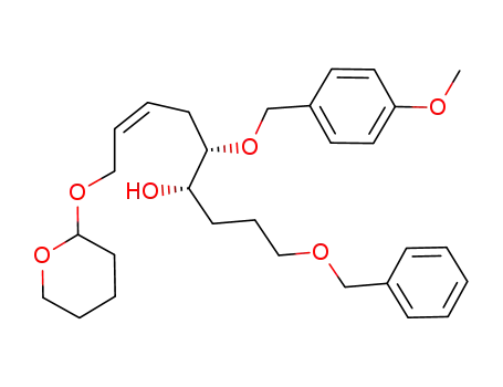 Molecular Structure of 934977-35-2 (1-benzyloxy-5-(4-methoxy-benzyloxy)-9-(tetrahydro-pyran-2-yloxy)-non-7-en-4-ol)