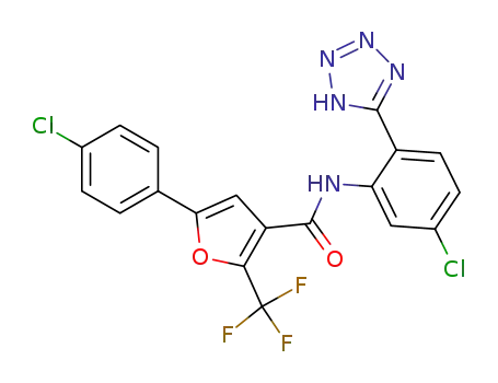 Molecular Structure of 1083418-29-4 (5-(4-chloro-phenyl)-trifluoromethyl-furan-3-carboxylic acid [5-chloro-2-(1H-tetrazol-5-yl)-phenyl]-amide)