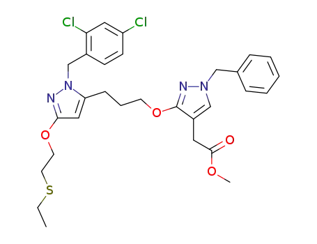 Molecular Structure of 888742-59-4 (methyl [1-benzyl-3-(3-{1-(2,4-dichlorobenzyl)-3-[2-(ethylthio)ethoxy]-1H-pyrazol-5-yl}propoxy)-1H-pyrazol-4-yl]acetate)