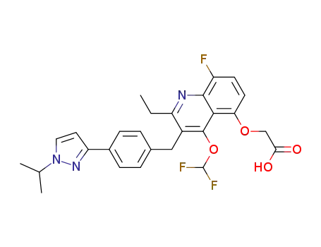 Molecular Structure of 1071495-68-5 ({4-difluoromethoxy-2-ethyl-8-fluoro-3-[4-(1-isopropyl-1H-pyrazol-3-yl)benzyl]quinolin-5-yloxy}acetic acid)