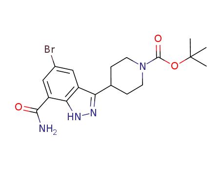 Molecular Structure of 872350-15-7 (1-Piperidinecarboxylic acid, 4-[7-(aminocarbonyl)-5-bromo-1H-indazol-3-yl]-, 1,1-dimethylethyl ester)