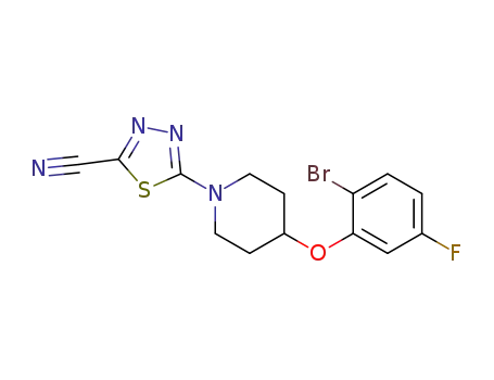 Molecular Structure of 1020658-57-4 (5-[4-(2-bromo-5-fluorophenoxy)piperidin-1-yl]-1,3,4-thiadiazole-2-carbonitrile)