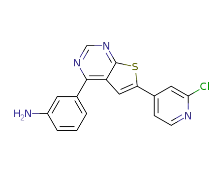 Molecular Structure of 1147939-11-4 (3-[6-(2-chloro-pyridin-4-yl)-thieno[2, 3-d]pyrimidin-4-yl]-phenylamine)