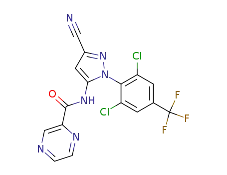 Molecular Structure of 315208-01-6 (N-[3-cyano-1-(2,6-dichloro-4-trifluoromethylphenyl)pyrazole-5-yl]pyrazine-2-carboxamide)