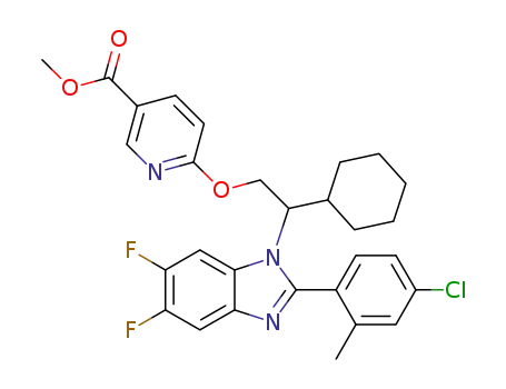 Molecular Structure of 1265885-65-1 (6-{2-[2-(4-chloro-2-methyl-phenyl)-5,6-difluoro-benzoimidazol-1-yl]-2-cyclohexyl-ethoxy}-nicotinic acid methyl ester)