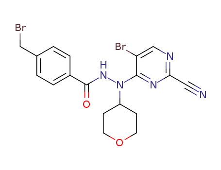 Molecular Structure of 1024589-59-0 (N'-(5-bromo-2-cyano-4-pyrimidinyl)-4-(bromomethyl)-N'-(tetrahydro-2H-pyran-4-yl)benzohydrazide)