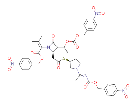 Molecular Structure of 98076-68-7 ((3S,4R)-4-([(S)-1-[N-(p-nitrobenzyloxycarbonyl)acetimidoyl]pyrrolidin-3-ylthio]carbonylmethyl)-1-[2-methyl-1-(p-nitrobenzyloxycarbonyl)-prop-1-enyl]-3-[(R)-1-(p-nitrobenzyloxycarbonyloxy)ethyl]-2-azetidinone)