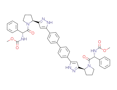 Molecular Structure of 1085706-55-3 (dimethyl-(1R,1'R)-2,2'-((2S,2'S)-2,2'-(5,5'-(biphenyl-4,4'-diyl)bis(1H-pyrazole-5,3-diyl))bis(pyrrolidine-2,1-diyl))bis(2-oxo-1-phenylethane-2,1-diyl)dicarbamate)