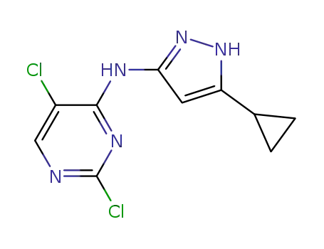 Molecular Structure of 543713-00-4 (2,5-dichloro-N-(5-cyclopropyl-1H-pyrazol-3-yl)pyrimidin-4-amine)