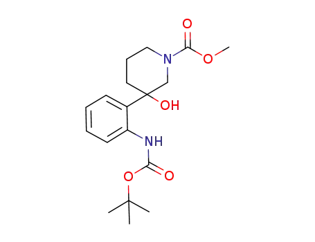 Molecular Structure of 1132910-38-3 (methyl 3-(2-(tert-butoxycarbonylamino)phenyl)-3-hydroxypiperidine-1-carboxylate)