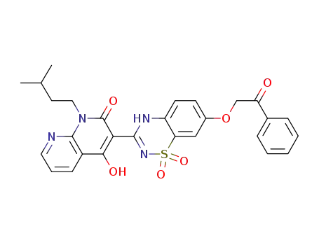 Molecular Structure of 686268-03-1 (1,8-Naphthyridin-2(1H)-one,
3-[1,1-dioxido-7-(2-oxo-2-phenylethoxy)-2H-1,2,4-benzothiadiazin-3-yl]-
4-hydroxy-1-(3-methylbutyl)-)