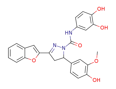 Molecular Structure of 1388834-39-6 (3-(benzofuran-2-yl)-N-(3,4-dihydroxyphenyl)-5-(4-hydroxy-3-methoxyphenyl)-4,5-dihydro-1H-pyrazole-1-carboxamide)