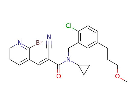 Molecular Structure of 1114567-21-3 ((2E)-3-(2-bromo-3-pyridinyl)-N-({2-chloro-5-[3-(methyloxy)propyl]phenyl}methyl)-2-cyano-N-cyclopropyl-2-propenamide)