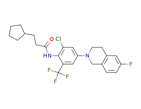 Molecular Structure of 1009344-27-7 (N-[2-Chloro-4-(6-fluoro-3,4-dihydro-1H-isoquinolin-2-yl)-6-trifluoromethyl-phenyl]-3-cyclopentyl-propionamide)