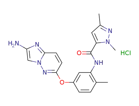 Molecular Structure of 1005784-98-4 (N-{5-[(2-aminoimidazo[1,2-b]pyridazin-6-yl)oxy]-2-methylphenyl}-1,3-dimethyl-1H-pyrazole-5-carboxamide hydrochloride)
