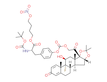 Molecular Structure of 1046357-40-7 ((2S)-4-nitrooxy-butyl 2-(tert-butoxycarbonylamino)-3-(4-((2-((9R,10S,11S,13S,16R,17S)-9-fluoro-11-hydroxy-16,17-((1-methylethylidene)bis(oxy))-10,13-dimethyl-3-oxo-6,7,8,9,10,11,12,13,14,15,16,17-dodecahydro-3H-cyclopenta[a]phenanthren-17-yl)-2-oxo-ethoxy)carbonyloxy)phenyl)propanoate)